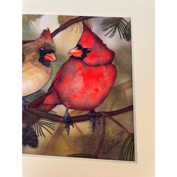 Rogue Rosalie RED LOVE BIRDS Art Matted Print Cardinal Birds Nature Animals 10x8 - Picture 3 of 7